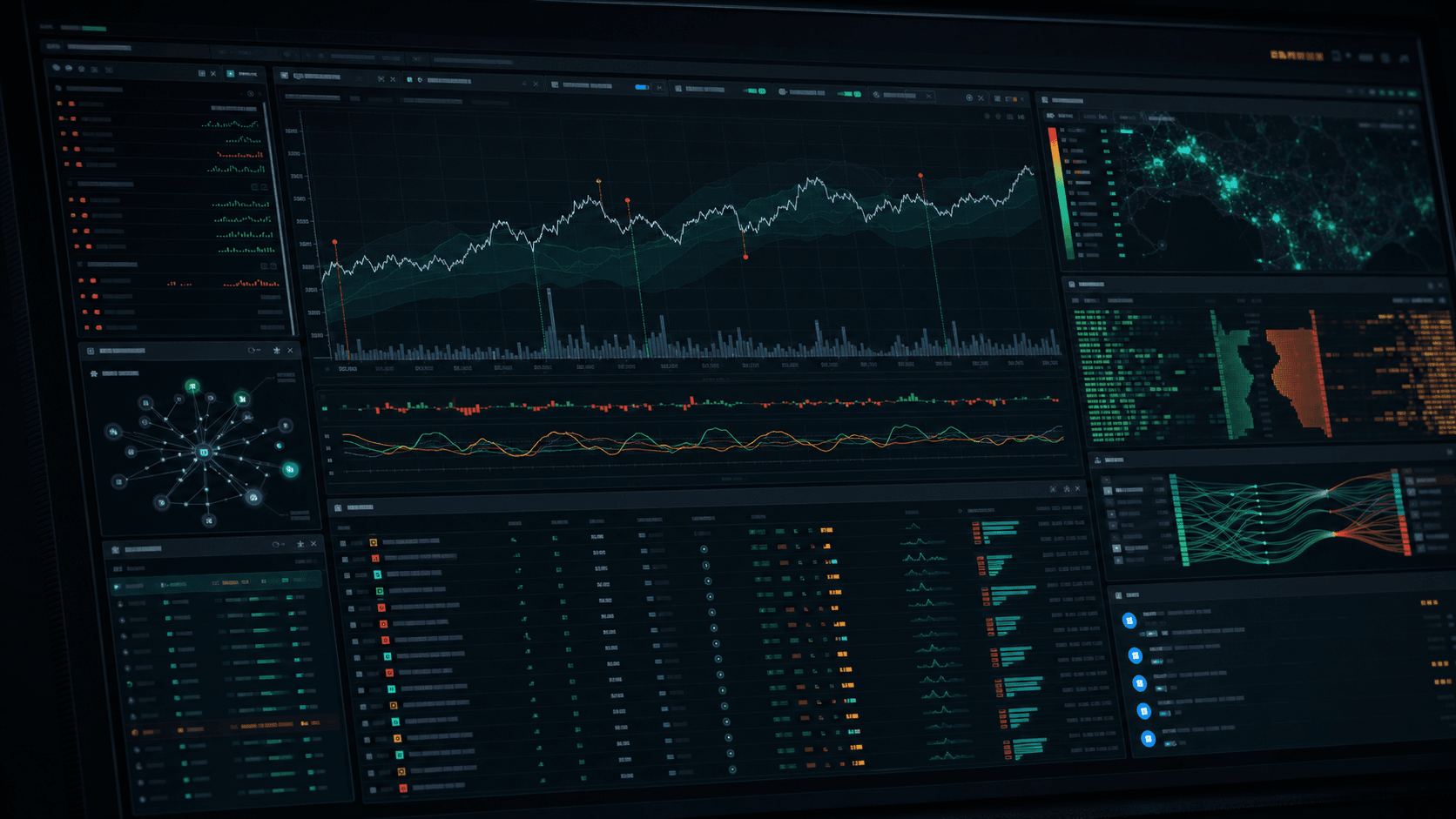 AI prediction market intelligence dashboard with odds charts, flow traces, and alerts